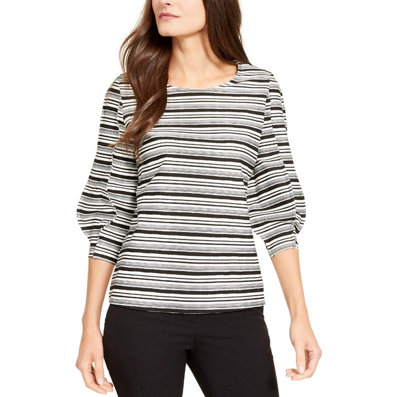 Alfani Tops - AlfaniTunic Blouse Raw Edge Bubble 3/4 Sleeve Black and Cream Striped